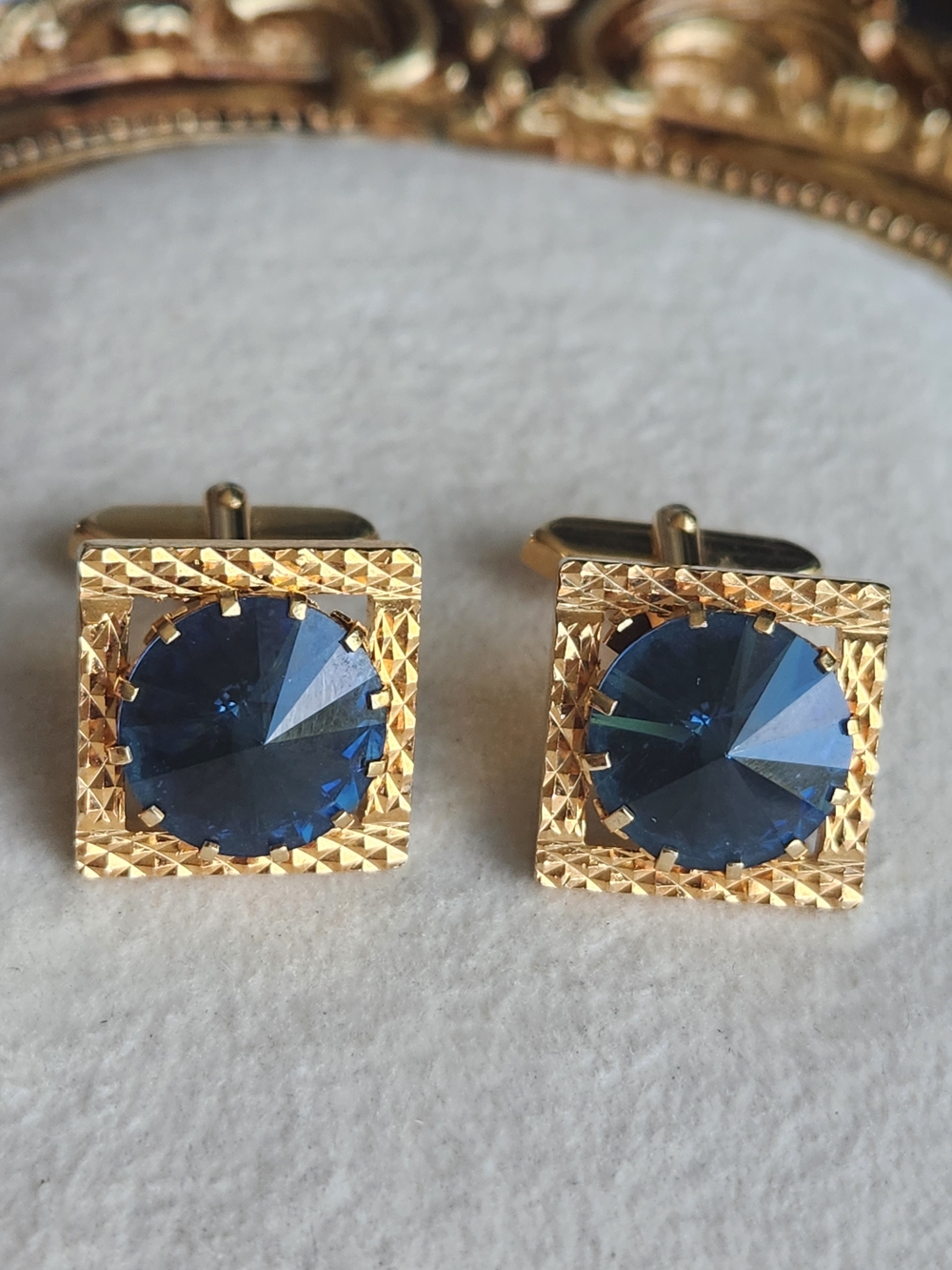 Vintage MCM Gold Square Cufflinks Sapphire Blue Rivoli Crystal Excellent